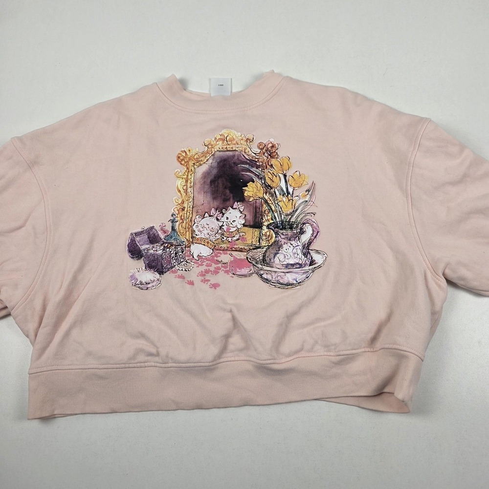 Disney Sweatshirt Womens 1X Pink Cat Mirror Floral Graphic Fleece Pullover - Picture 8 of 16